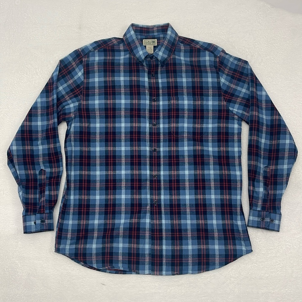LL Bean Mens Long Sleeve Plaid‎ Button Shirt Thick Cotton Sz Large